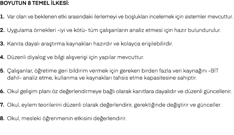 Boyutun 8 temel ilkesi: 1. Var olan ve beklenen etki aras ndaki ilerlemeyi ve bo luklar incelemek i in sistemler mev...