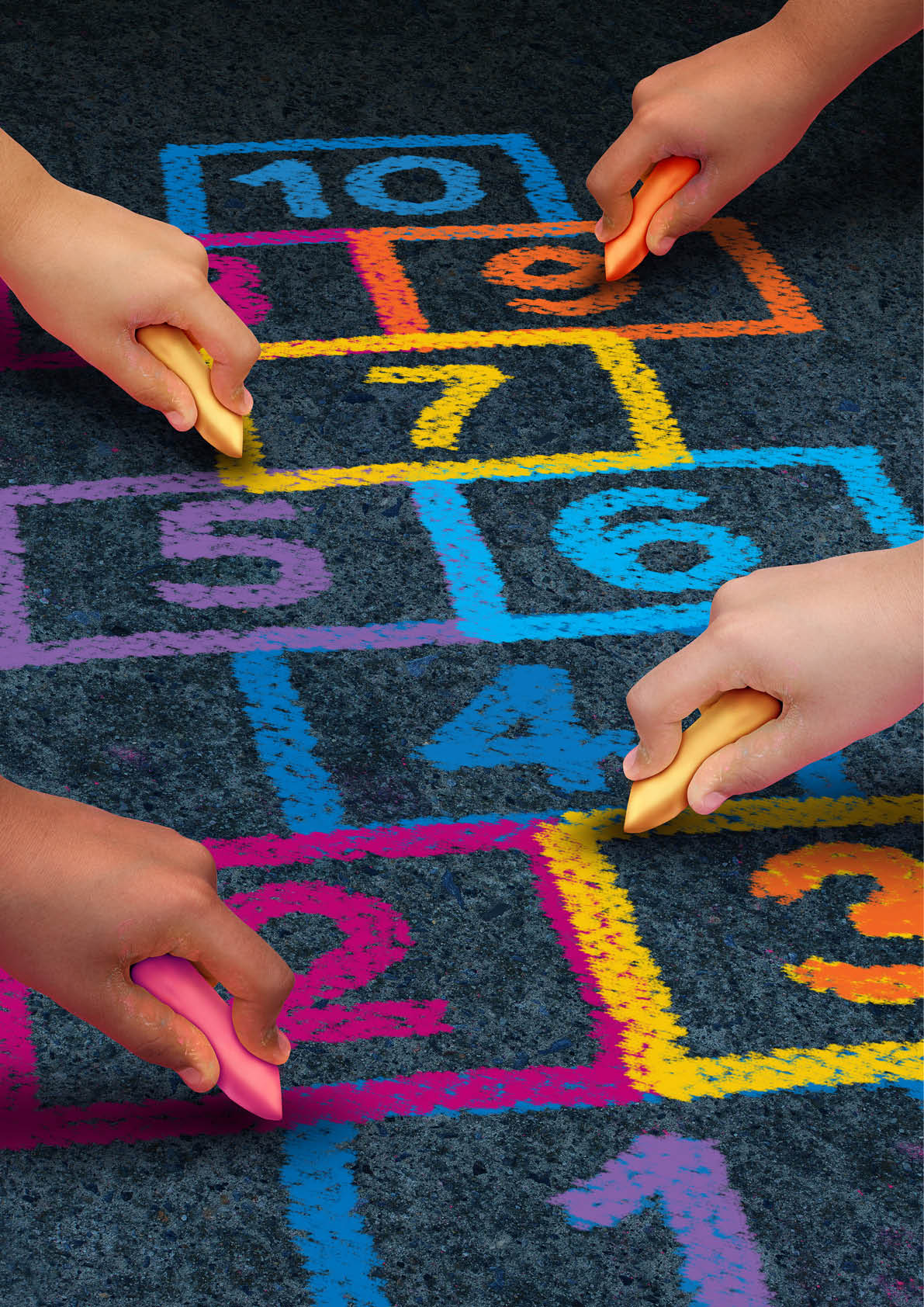 Community development education and children learning concept with a group of hands as ethnic groups of young people holding chalk cooperating together as friends to draw a playground hopscotch game.