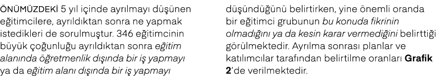  n m zdeki 5 y l i inde ayr lmay d   nen e itimcilere, ayr ld ktan sonra ne yapmak istedikleri de sorulmu tur. 346 e...