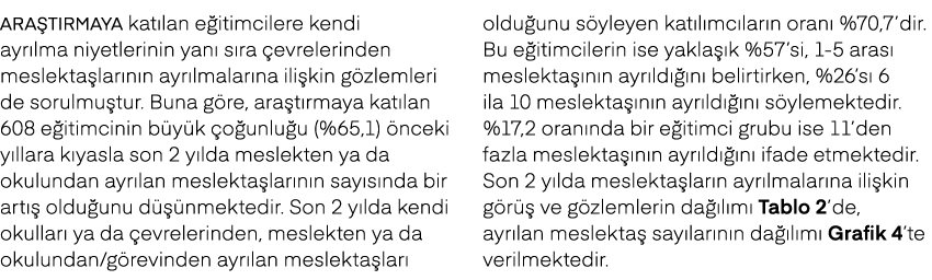Ara t rmaya kat lan e itimcilere kendi ayr lma niyetlerinin yan s ra  evrelerinden meslekta lar n n ayr lmalar na il...