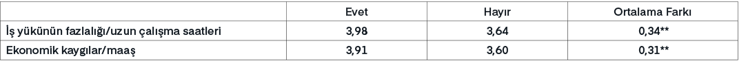 ,Evet,Hay r,Ortalama Fark ,  y k n n fazlal   /uzun  al  ma saatleri,3,98,3,64,0,34**,Ekonomik kayg lar/maa ,3,91,3,...