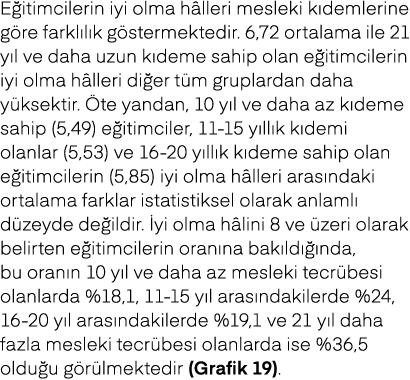 E itimcilerin iyi olma h lleri mesleki k demlerine g re farkl l k g stermektedir. 6,72 ortalama ile 21 y l ve daha uz...