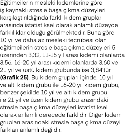 E itimcilerin mesleki k demlerine g re i kaynakl  stresle ba a   kma d zeyleri kar  la t r ld   nda farkl  k dem gru...