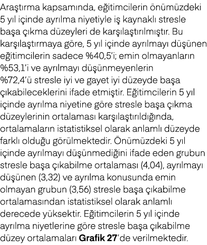 Ara t rma kapsam nda, e itimcilerin n m zdeki 5 y l i inde ayr lma niyetiyle i  kaynakl  stresle ba a   kma d zeyler...