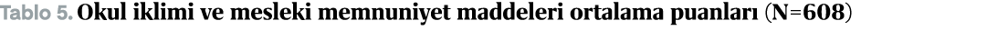Tablo 5. Okul iklimi ve mesleki memnuniyet maddeleri ortalama puanlar (N=608)