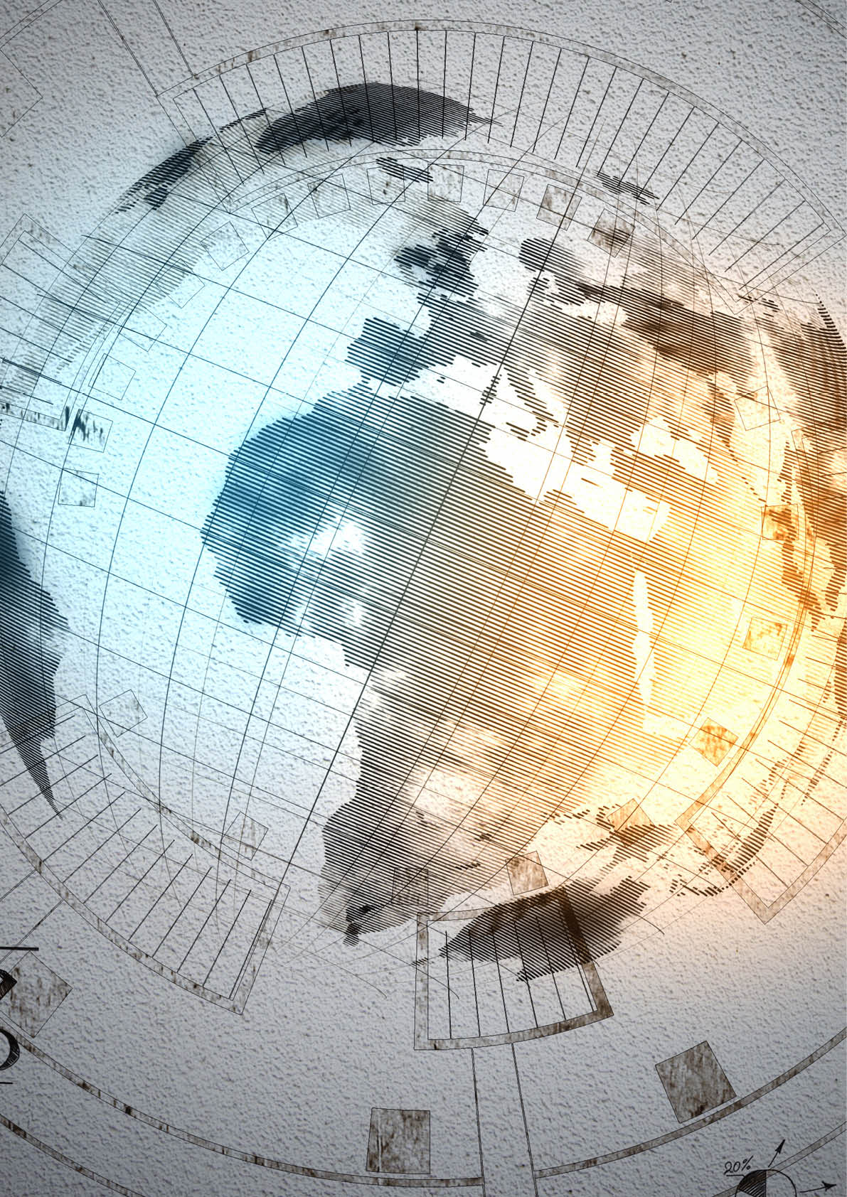 Creative business sketch and globe hologram on concrete wall background. Success, network and brainstorm concept. 3D Rendering