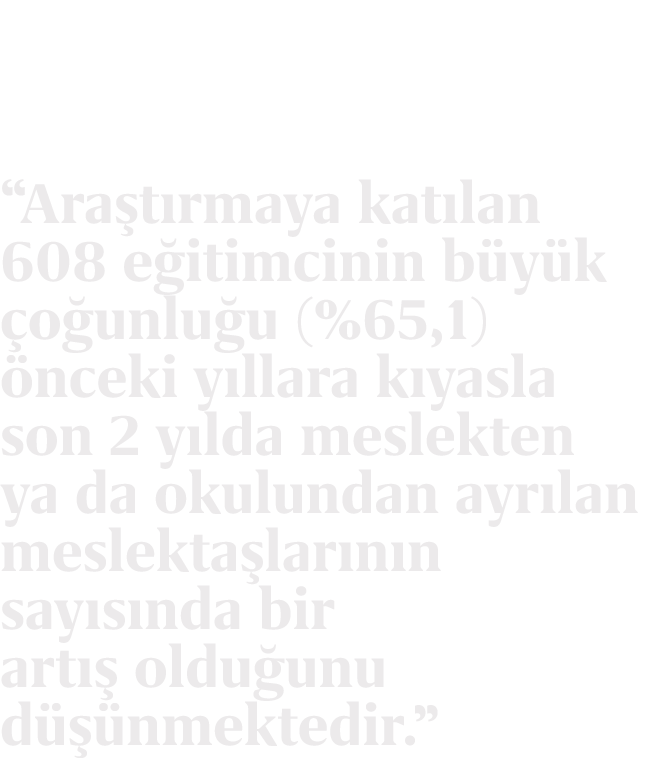 “Ara t rmaya kat lan 608 e itimcinin b y k o unlu u (%65,1)  nceki y llara k yasla son 2 y lda meslekten ya da okulu...