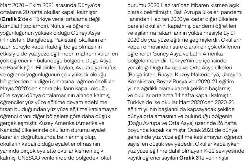 Mart 2020 – Ekim 2021 aras nda D nya’da ortalama 20 hafta okullar kapal kalm  t r (Grafik 2’deki T rkiye verisi orta...