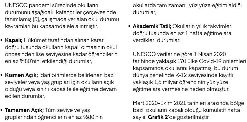 UNESCO pandemi s recinde okullar n durumunu a a daki kategoriler  er evesinde tan mlam   [5],  al  mada yer alan oku...