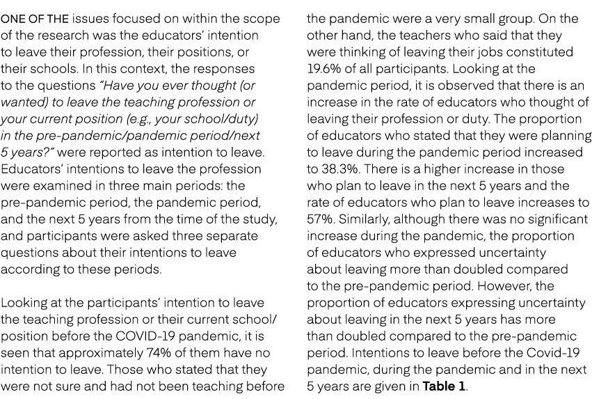 One of the issues focused on within the scope of the research was the educators’ intention to leave their profession,...