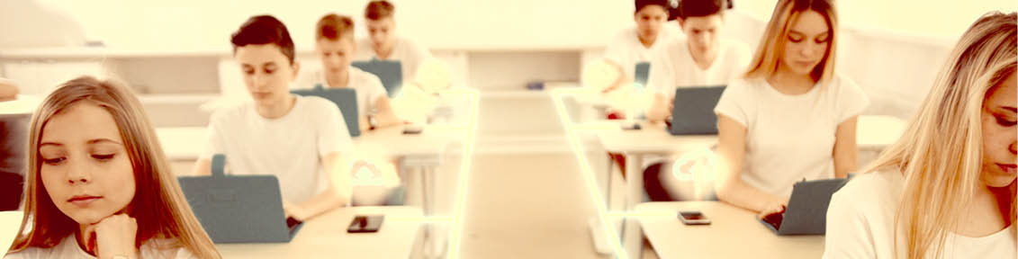 Visualization of Information. Digital Communication. In School Classroom Kids Students Studying by Computers. Technology Connecting Lines Flows into Global Network from Smartphones. Future Education.