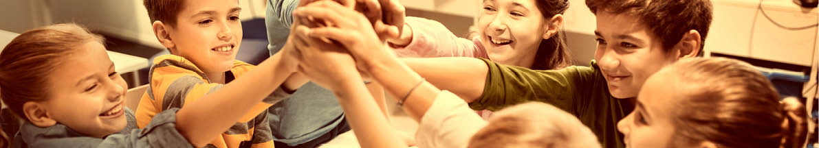 education, children, technology, science and people concept - group of happy kids building robots and making high five gesture at robotics school