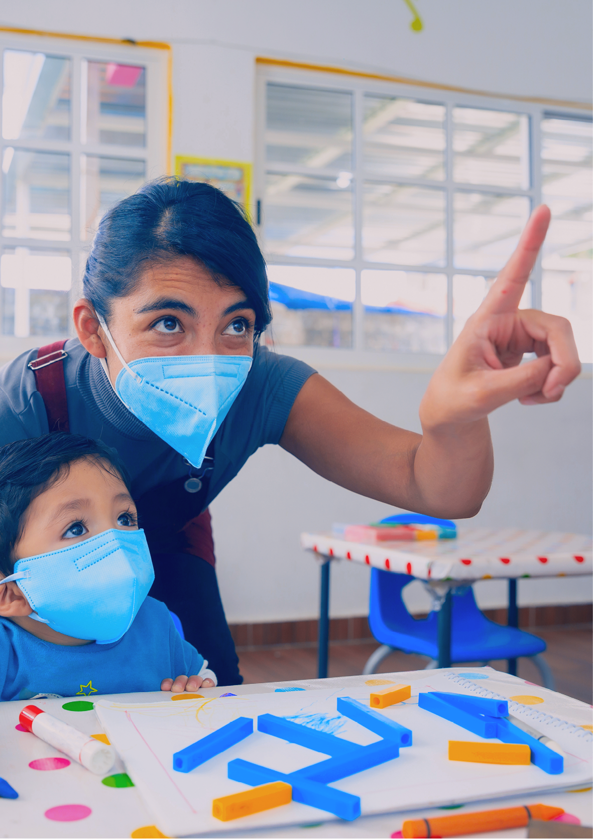 back to school, teacher and student taking classes wearing face mask, after coronavirus pandemic, new normal